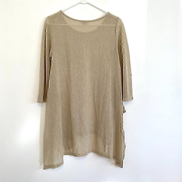 UMGEE Gold / Tan Open Weave Knit Asymmetrical Sharkbite Hem 3/4 Sleeve Tunic Top - Picture 10 of 12